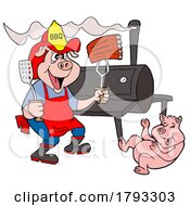Poster, Art Print Of Cartoon Bbq Pig And Firefighter With Ribs By A Smoker