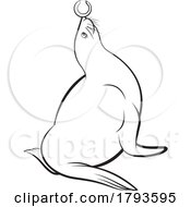 Cartoon Black And White Sea Lion Playing With A Tennis Ball
