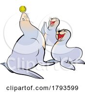Cartoon Sea Lion Pups Watching Their Mamma Play With A Tennis Ball
