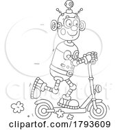 Cartoon Robot Using A Kick Scooter In Black And White