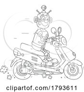 Poster, Art Print Of Cartoon Robot Riding A Scooter In Black And White