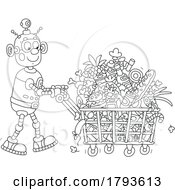 Cartoon Robot Grocery Shopping In Black And White