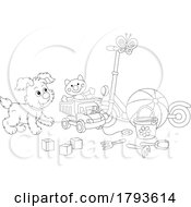 Cartoon Puppy With Childrens Toys In Black And White