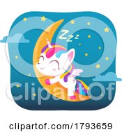 Cartoon Cute Unicorn Sleeping On A Crescent Moon