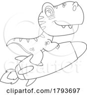 Poster, Art Print Of Cartoon Black And White Cute Dinosaur Flying On A Rocket