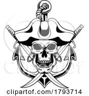 Poster, Art Print Of Black And White Pirate Skull Over Crossed Swords And An Anchor