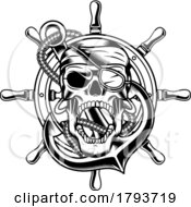 Poster, Art Print Of Black And White Pirate Skull Over A Helm And Anchor