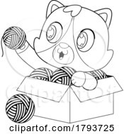 Cartoon Black And White Cute Cat With A Box Of Yarn