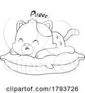 Cartoon Black And White Cute Cat Purring On A Pillow