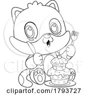 Poster, Art Print Of Cartoon Black And White Cute Cat With A Cake