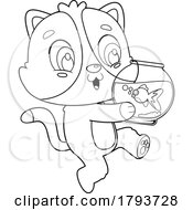 Poster, Art Print Of Cartoon Black And White Cute Cat Carrying A Fish Bowl