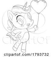 Poster, Art Print Of Cartoon Black And White Cute Unicorn With A Heart Balloon