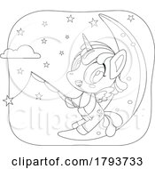 Poster, Art Print Of Cartoon Black And White Cute Unicorn Fishing On A Crescent Moon