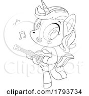 Cartoon Black And White Cute Unicorn Playing A Guitar by Hit Toon