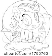 Poster, Art Print Of Cartoon Black And White Cute Unicorn Near A Castle