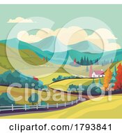 Poster, Art Print Of Landscape Fields Hills Farm House Background