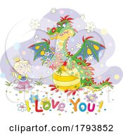 Poster, Art Print Of Cartoon Princess And Dragon With I Love You Text