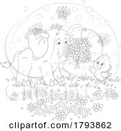 Cartoon Black And White Elephant Chick And Happy Birthday Greeting
