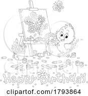 Cartoon Black And White Artist Chick And Happy Birthday Greeting
