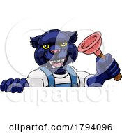 Panther Plumber Cartoon Mascot Holding Plunger