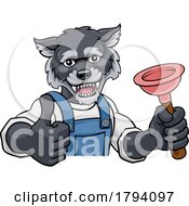 Wolf Plumber Cartoon Mascot Holding Plunger