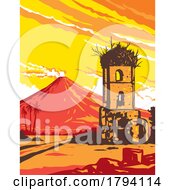 Mayon Volcano And Cagsawa Ruins Bell Tower Albay Philippines WPA Art Deco Poster