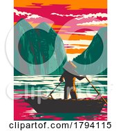 Poster, Art Print Of Ha Long Bay Or Halong Bay With Boat Vendor Vietnam Wpa Art Deco Poster