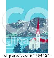 Lake Hallstatt With Salzkammergut Mountains In Austria WPA Art Deco Poster