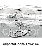 Poster, Art Print Of Archeologist Digging Up Fossil Of Prehistoric Dinosaur Comics Style Drawing
