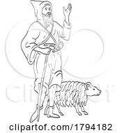 Poster, Art Print Of Medieval Shepherd Or Sheepherder With Staff And Sheep Medieval Style Line Art Drawing