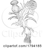 Four Emblems Of Great Britain English Rose Welsh Leek And Scottish Thistle Line Drawing Black And White
