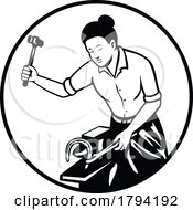 Female Blacksmith Farrier Working On Horseshoe Anvil Front View Retro Mascot