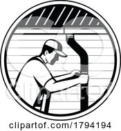 Poster, Art Print Of Roof Plumber Or Roof Contractor Installing Gutters Downpipes Circle Retro