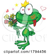 Cartoon Prince Frog Holding Flowers For His Love