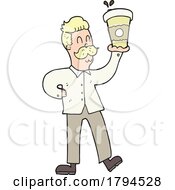 Poster, Art Print Of Cartoon Man Holding Up A Take Out Coffee