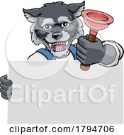 Poster, Art Print Of Plumber Wolf Plunger Cartoon Plumbing Mascot