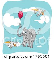 Cartoon Elephant Floating With Birds And A Balloon