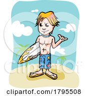 Cartoon Blond Surfer Gesturing Hang Loose