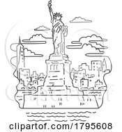 Poster, Art Print Of Statue Of Liberty With New York City Skyline Usa Mono Line Art