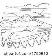 Mount Fuji And Shinkansen Bullet Train In Japan Mono Line Art by patrimonio