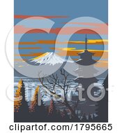 Poster, Art Print Of Mount Fuji And Pagoda In Winter Honshu Japan Wpa Art Deco Poster