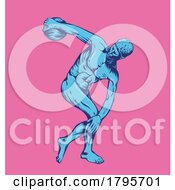 Poster, Art Print Of Sculpture Of Discobolus In Blue Over A Pink Background