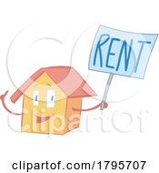 Cartoon Happy House Mascot Holding A Rent Sign