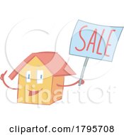 Cartoon Happy House Mascot Holding A Sale Sign