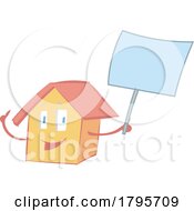 Cartoon Happy House Mascot Holding A Blank Sign