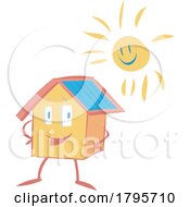 Poster, Art Print Of Cartoon Happy House Mascot With The Sun And Solar Panel