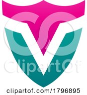 Poster, Art Print Of Magenta And Green Shield Shaped Letter V Icon