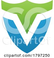 Poster, Art Print Of Green And Blue Shield Shaped Letter V Icon