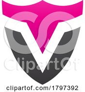 Poster, Art Print Of Magenta And Black Shield Shaped Letter V Icon