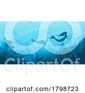 Ocean Background With Silhouetted Mermaids And Sea Life